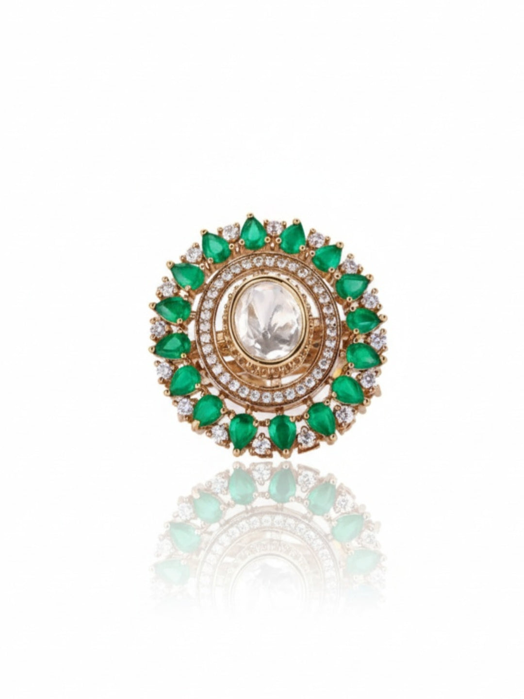 Itrani Emereld Uncut Dimond  Blush Bloom Poliki Centre Stone Coctail Ring – Green  Stone Statement Ring in Anti-Tarnish Brass