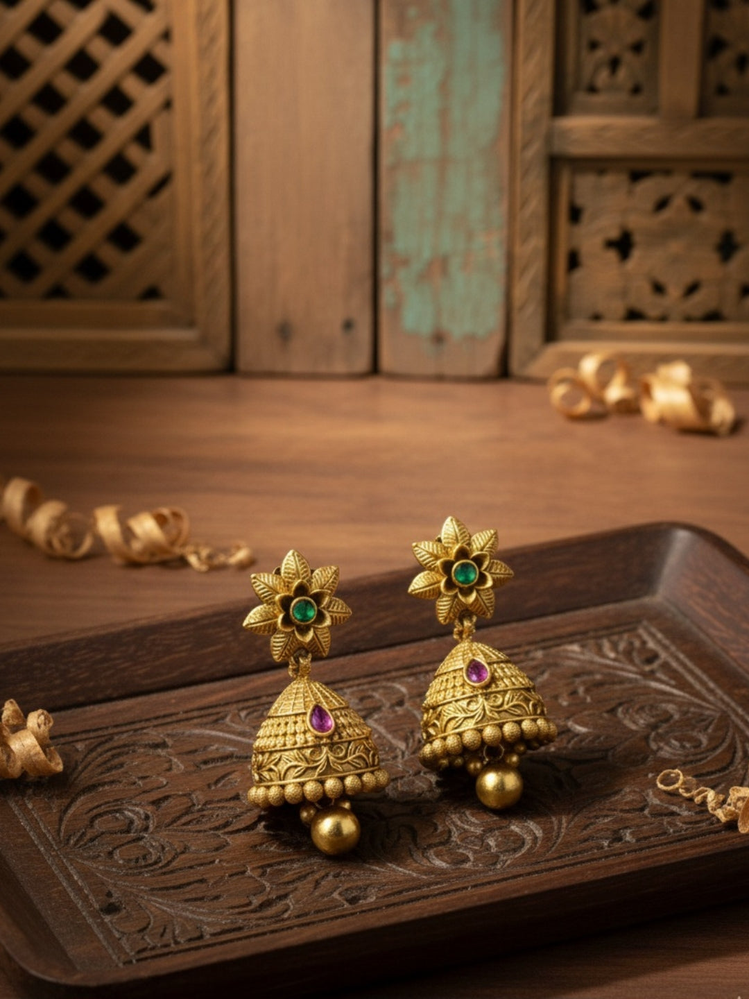 Itrani Gold-Polish finishing Petal Floral Ruby & Emerald Rajwadi Jhumka Earrings | Handcrafted Traditional Design