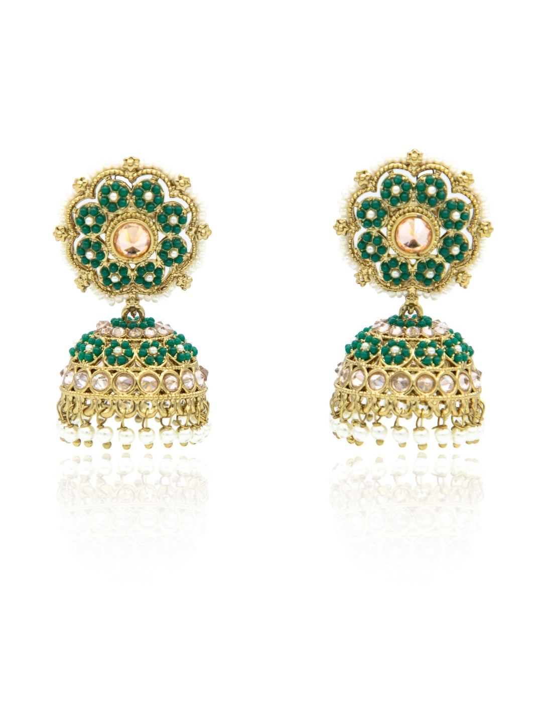 Itrani Emerald Green moti  Jhumka Earrings | Handcrafted Traditional Design