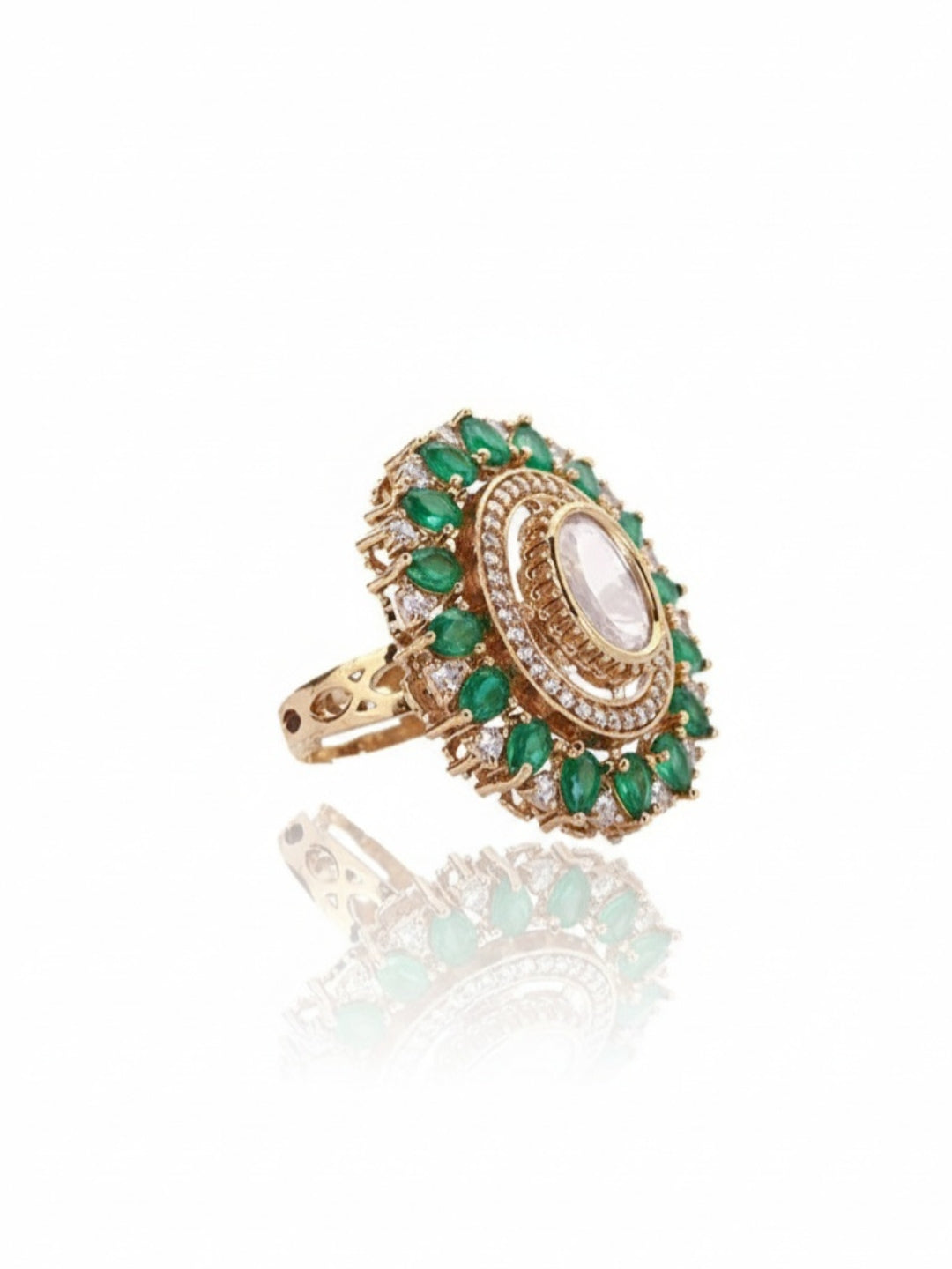 Itrani Emereld Uncut Dimond  Blush Bloom Poliki Centre Stone Coctail Ring – Green  Stone Statement Ring in Anti-Tarnish Brass