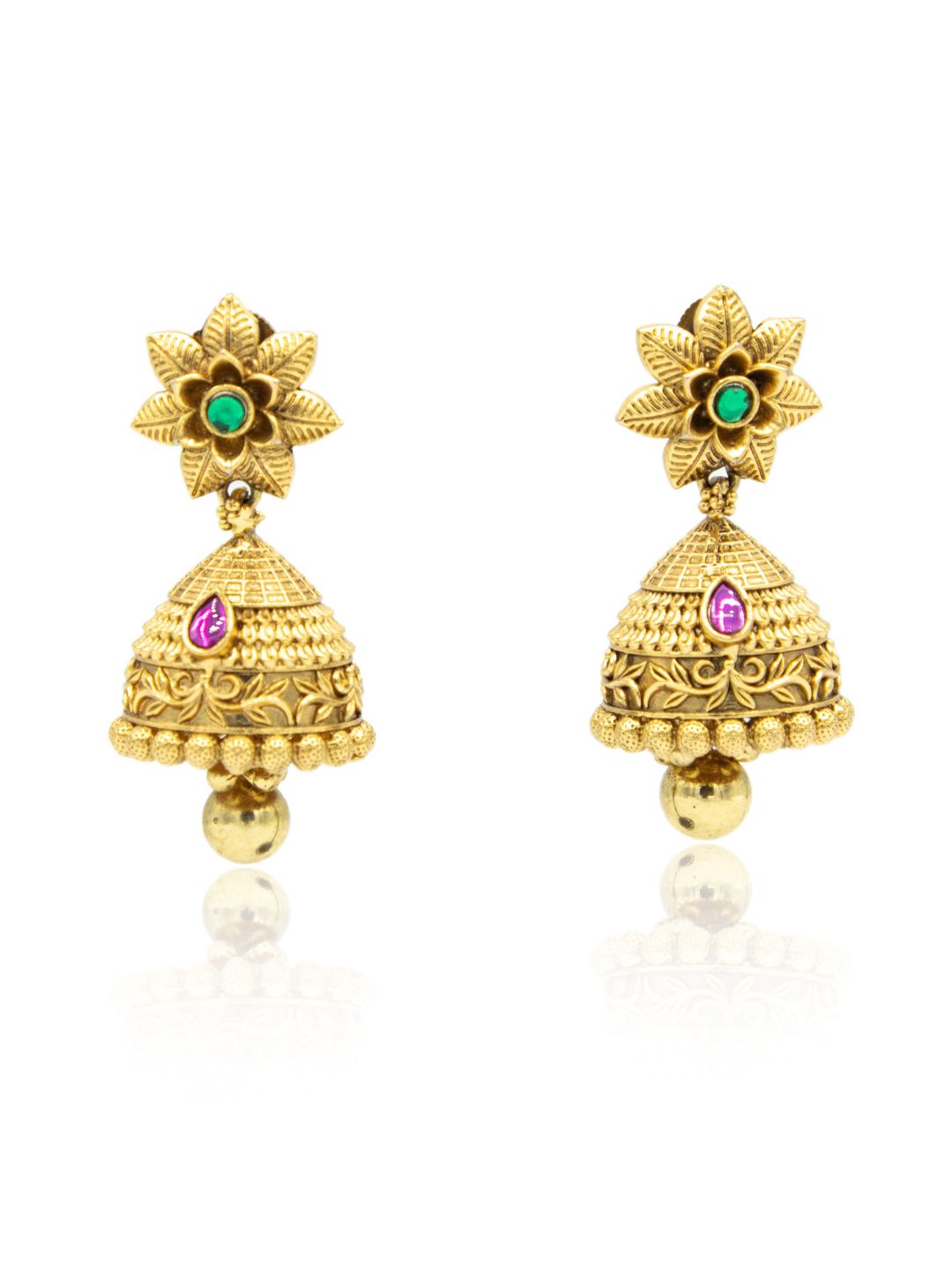 Itrani Gold-Polish finishing Petal Floral Ruby & Emerald Rajwadi Jhumka Earrings | Handcrafted Traditional Design