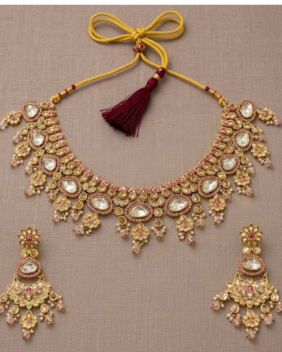 Royal Gold Finish Polki Kundan Necklace Set with Chand Earrings Clearance