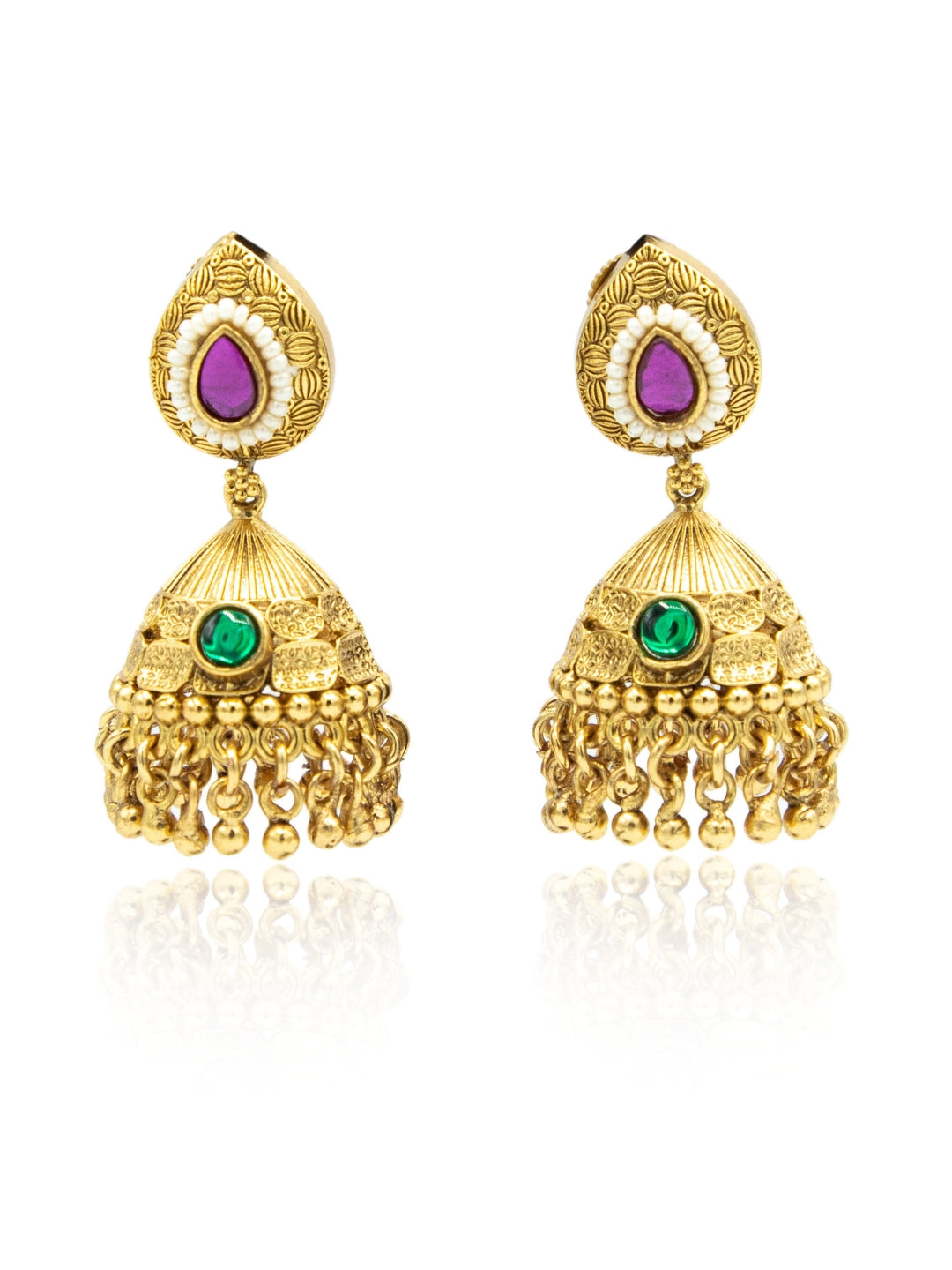 Itrani Gold-Polish finishing Ruby & Emerald Centre Stone Rajwadi Style  Jhumka Earrings | Traditional Temple Design