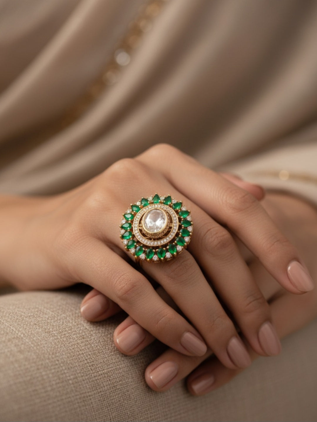 Itrani Emereld Uncut Dimond  Blush Bloom Poliki Centre Stone Coctail Ring – Green  Stone Statement Ring in Anti-Tarnish Brass