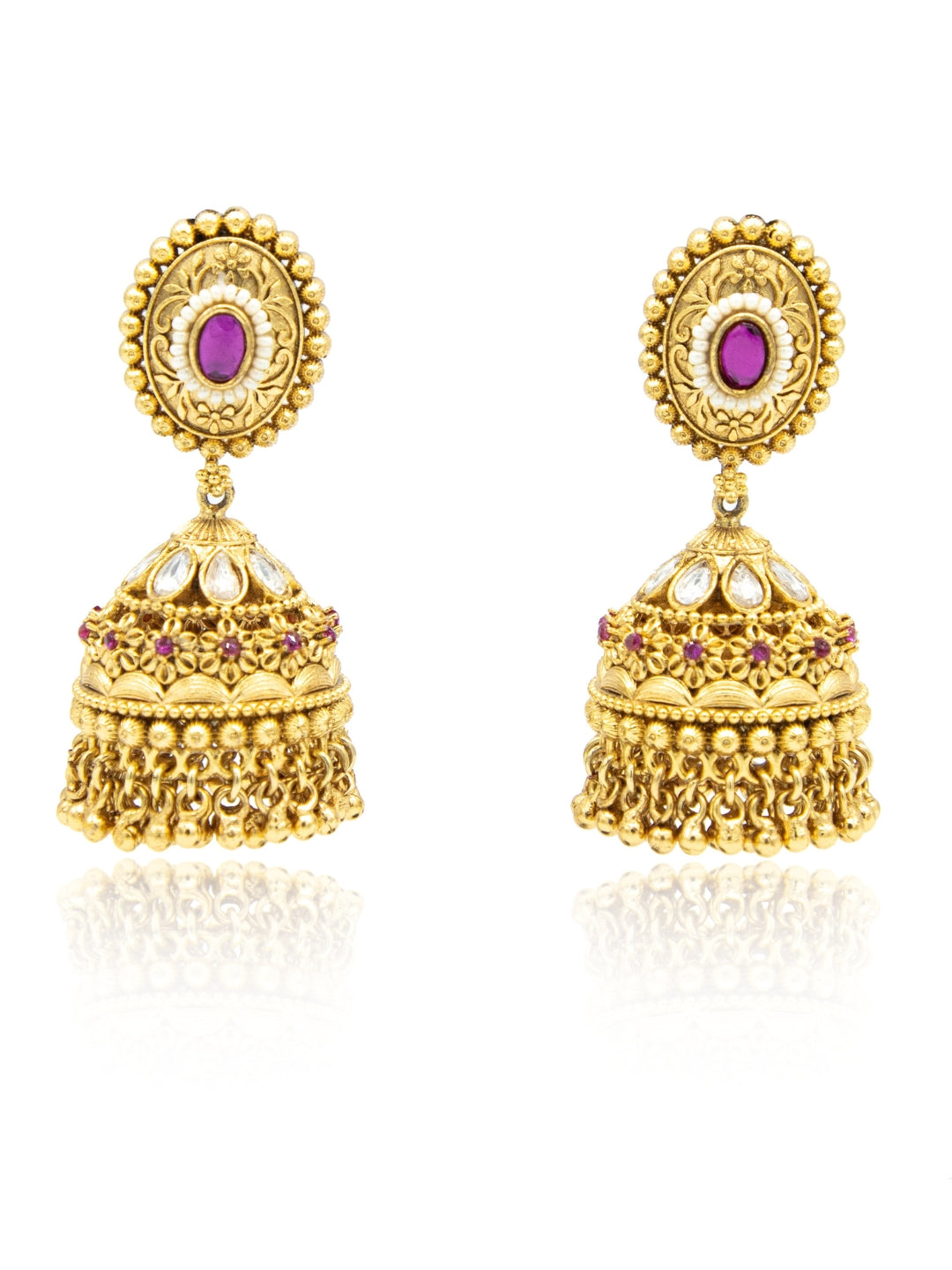 Itrani Royal Heritage Gold Polish finishing Jhumka Earrings with Ruby Stone Accents