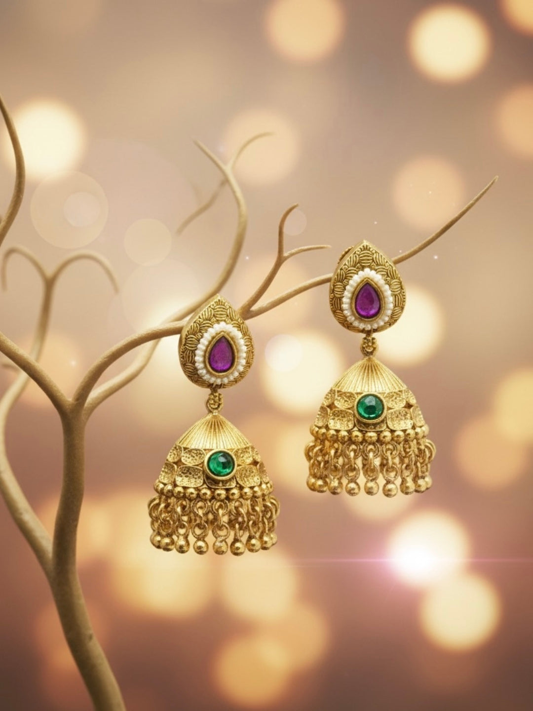 Itrani Gold-Polish finishing Ruby & Emerald Centre Stone Rajwadi Style  Jhumka Earrings | Traditional Temple Design