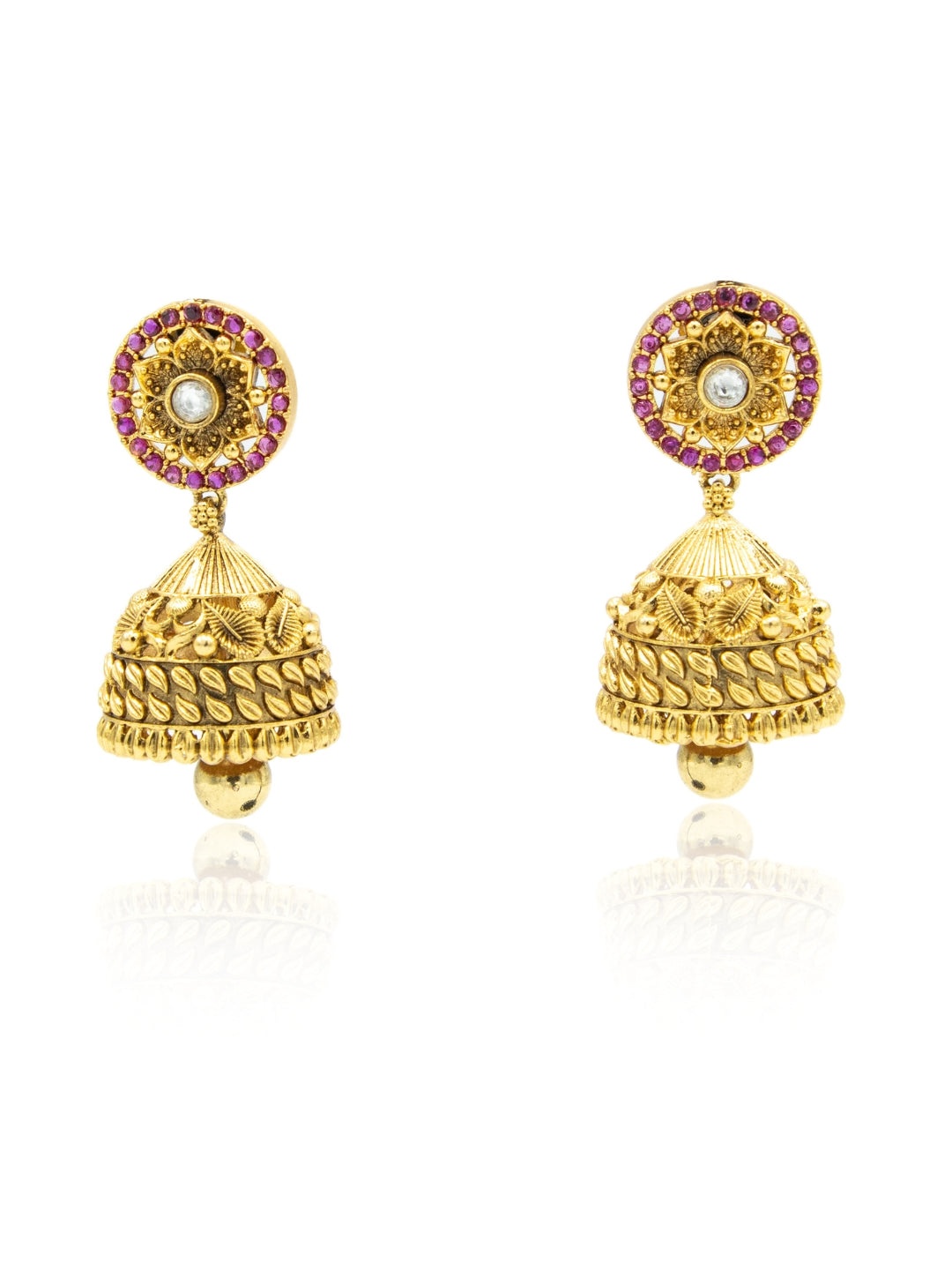 Itrani Gold-Polish finishing Ruby Synthetic Stone Temple Jhumka Earrings | Handcrafted Traditional Design