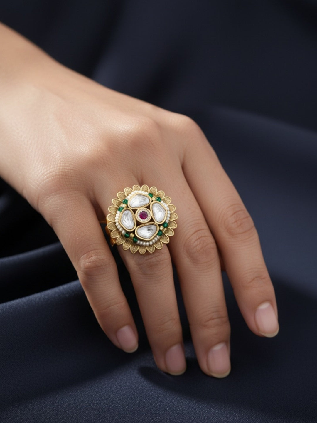 Itrani Gold-Polish finishing Kundan Style Polki Ring with Ruby Center Stone and Emerald Moti| Adjustable Traditional Ring