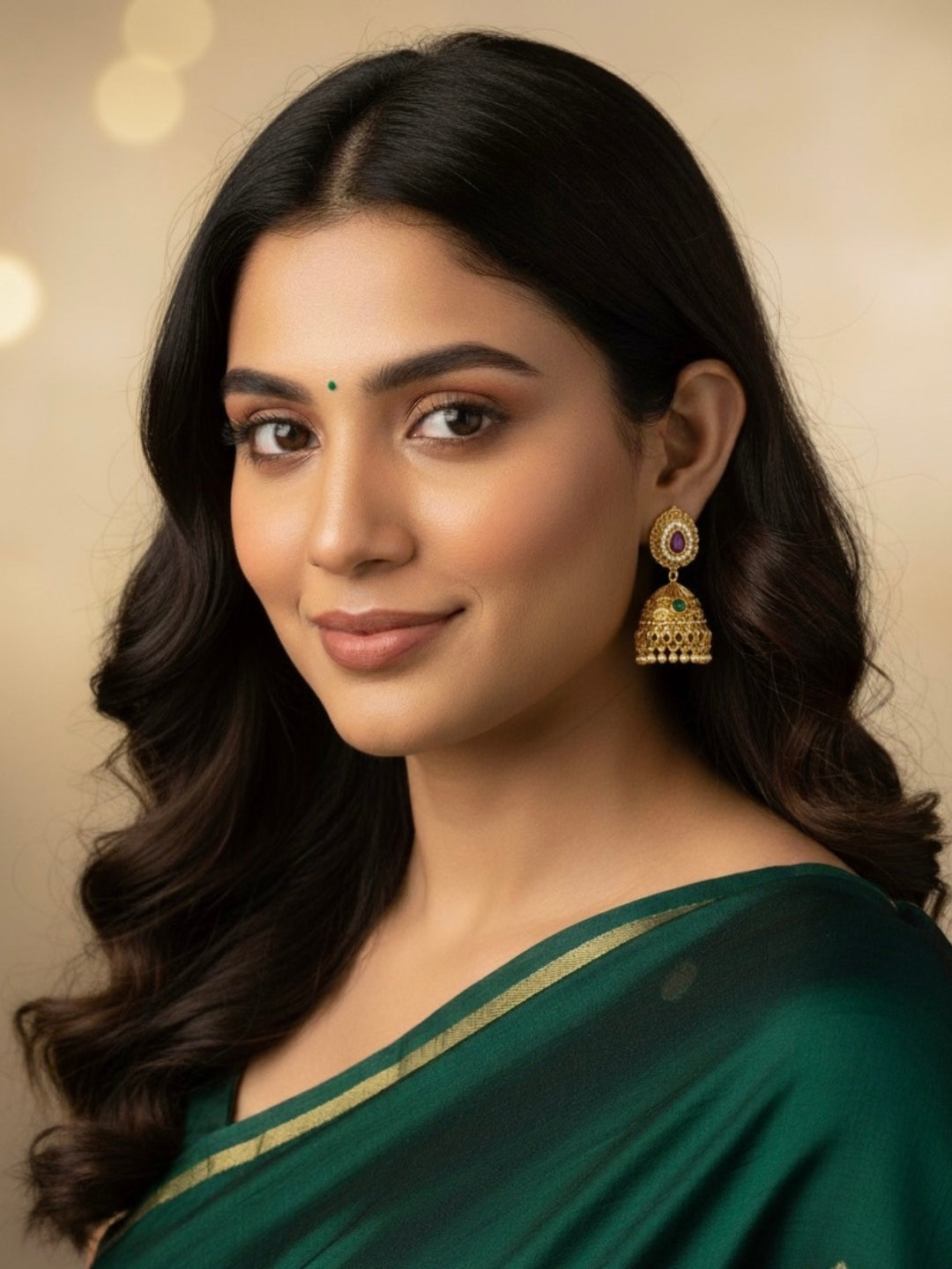 Itrani Gold-Polish finishing Ruby & Emerald Centre Stone Rajwadi Style  Jhumka Earrings | Traditional Temple Design