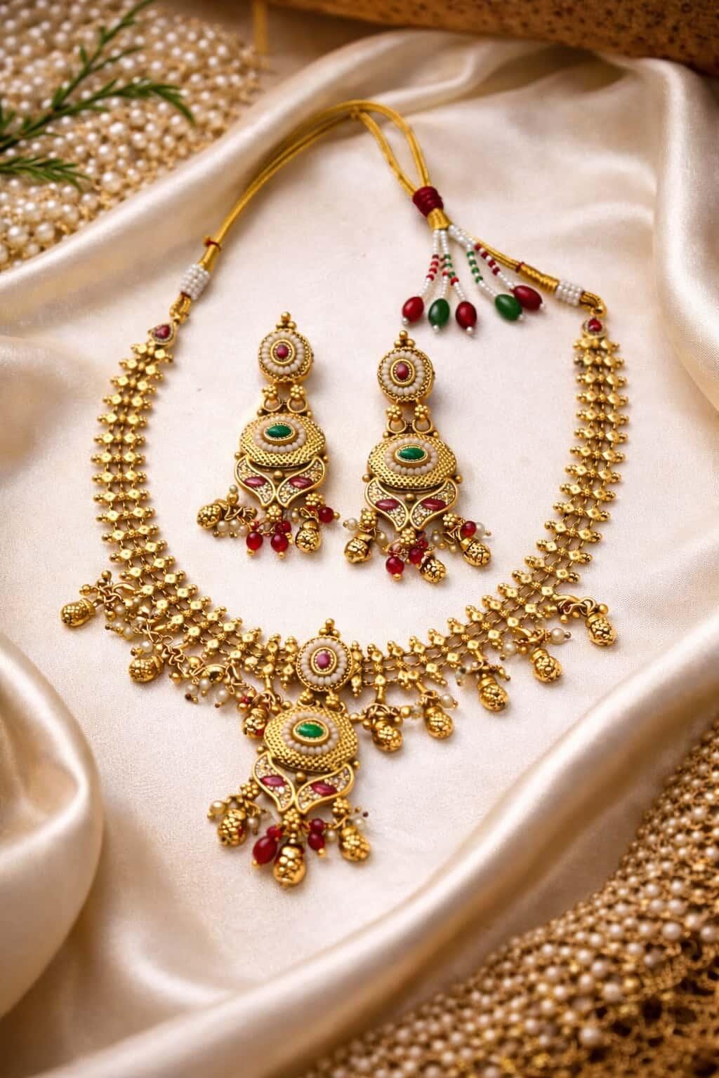 Heritage Antique Brass Pendant Necklace Set with Color Stones – Traditional Festive Jewellery