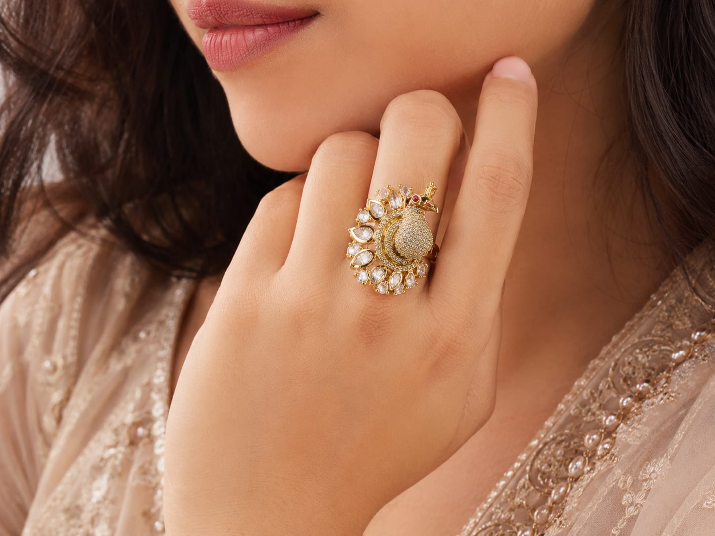 Itrani Royal Peacock American Diamond Adjustable Ring for Women