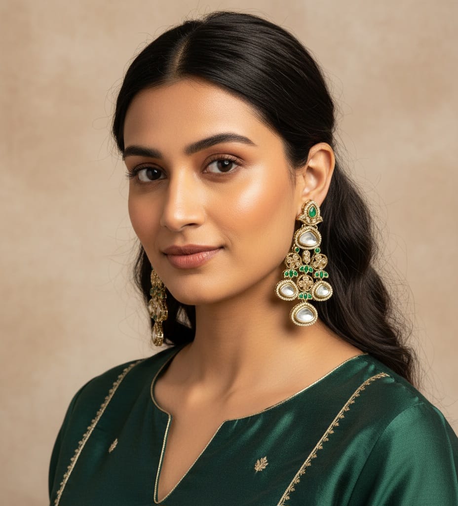 Itrani Emerald Green Stone and Moissanite Stone Statement Earrings – Traditional Brass Bridal Jewelry