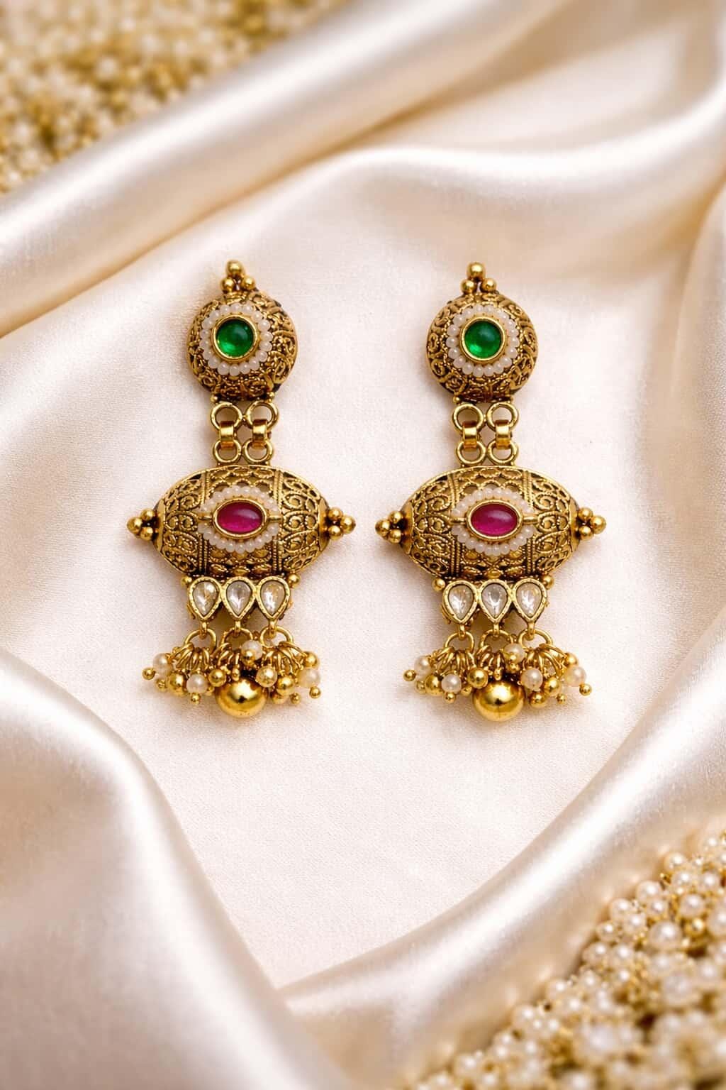 Itrani Heritage Antique Multi-Pendant Temple Brass Necklace Set with Color Stones – Bridal & Festive Jewellery