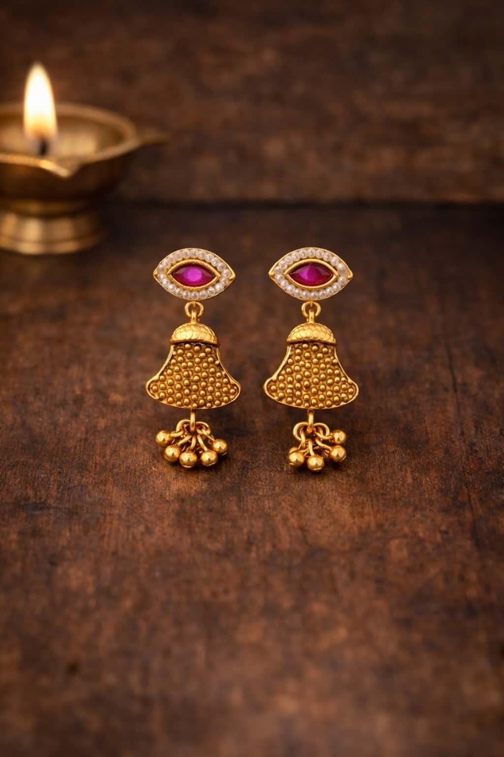 Itrani Heritage Antique Bell Motif Temple Brass Necklace Set with Color Stones – Traditional Festive Jewellery