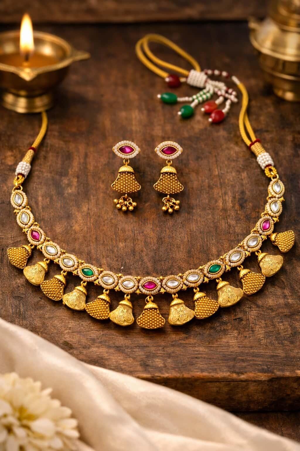 Itrani Heritage Antique Bell Motif Temple Brass Necklace Set with Color Stones – Traditional Festive Jewellery