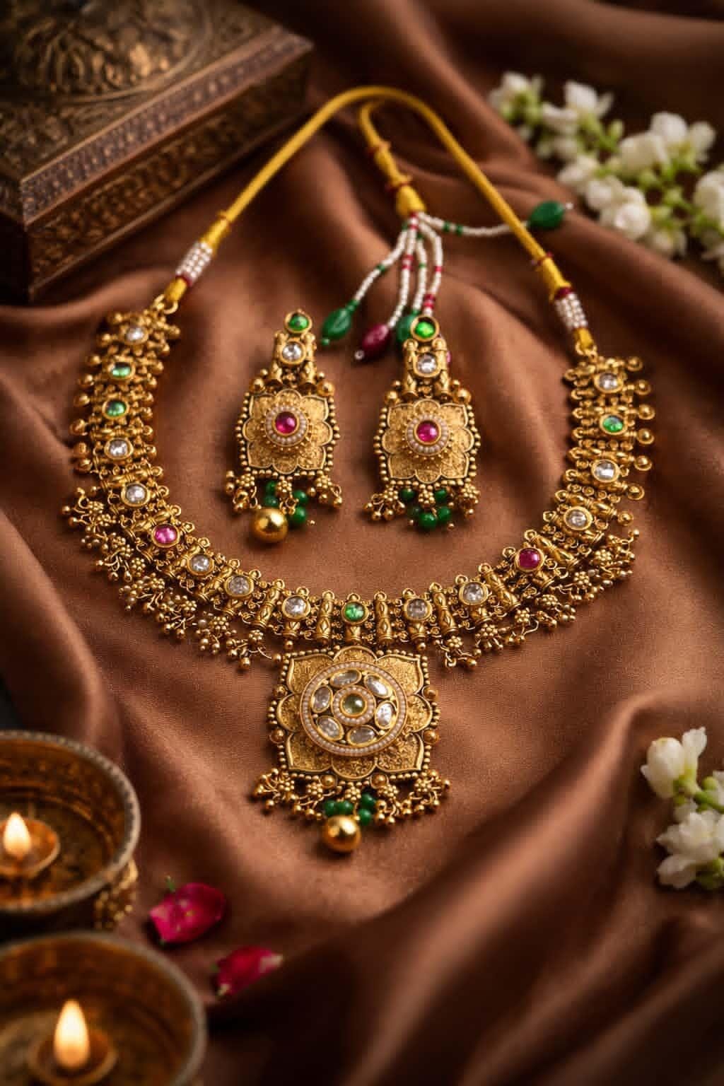 Itrani Heritage Antique Temple Style Brass Pendant  Necklace Set with Color Stones – Bridal & Festive Wear