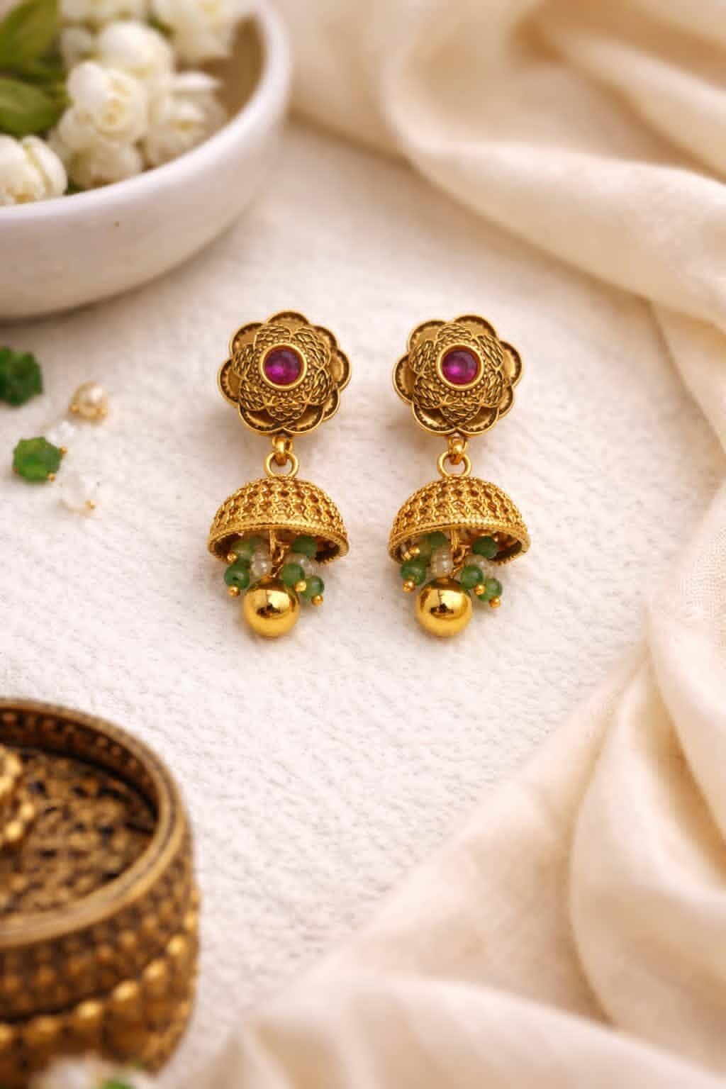 Itrani Royal Heritage floral Anitque Gold Brass Necklace Set with Sage green and Rani Color Stones