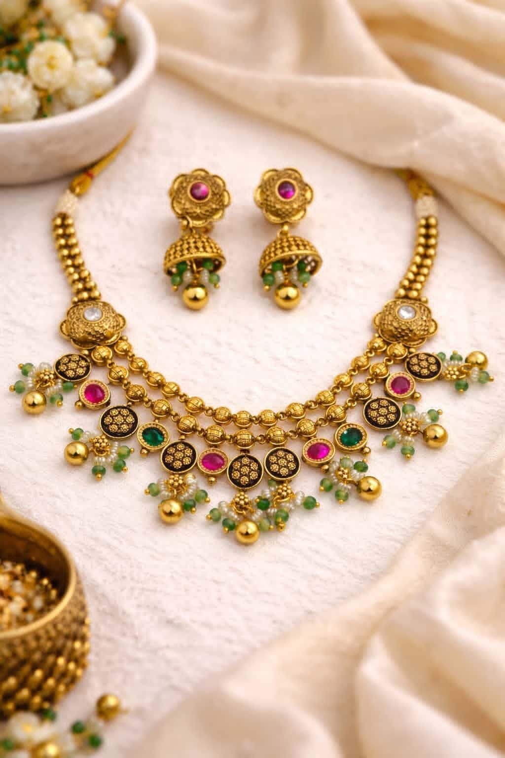 Itrani Royal Heritage floral Anitque Gold Brass Necklace Set with Sage green and Rani Color Stones