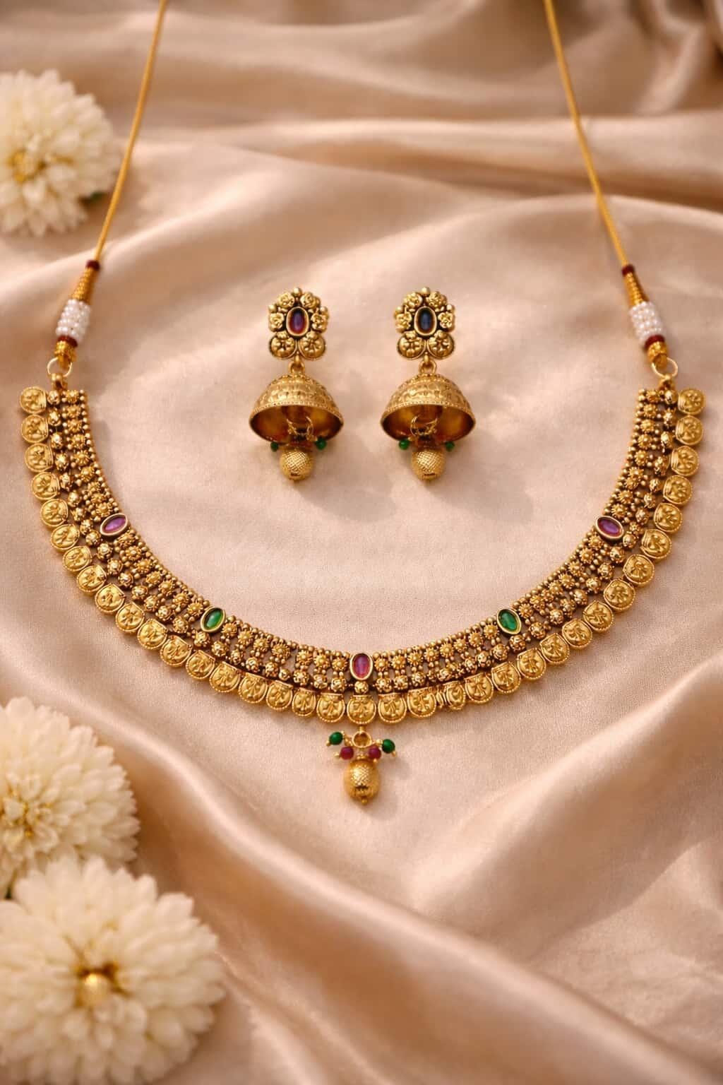 Itrani Heritage Temple Grace Anti-Tarnish Brass Necklace Set with Gold droplets