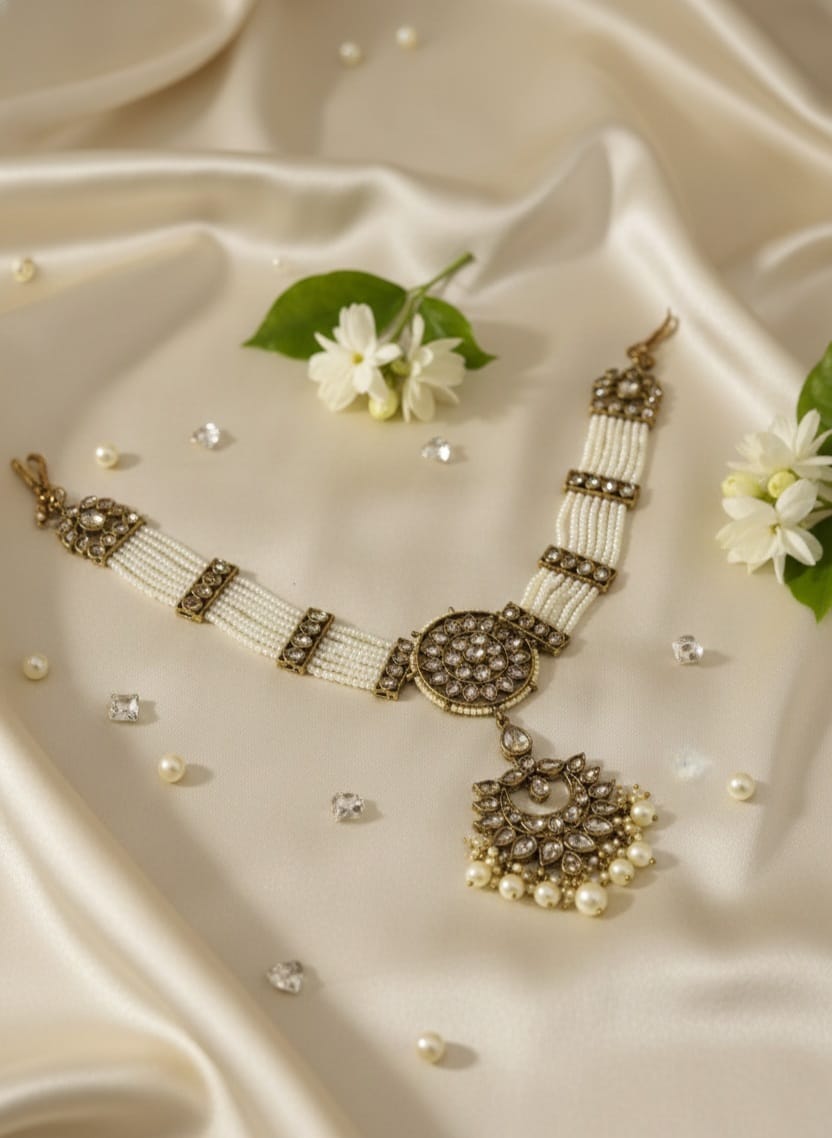 Itrani Royal Pearl Seeshpati With Attached Maangtikka  in Anti-Tarnish Brass Reverse AD Stones