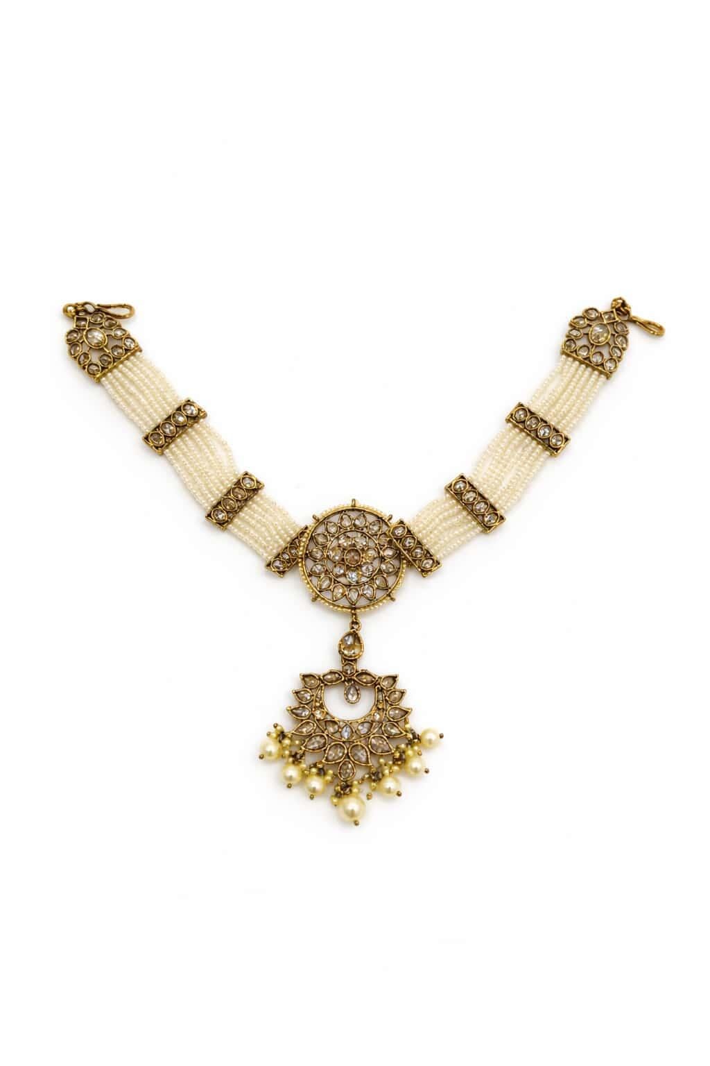 Itrani Royal Pearl Seeshpati With Attached Maangtikka  in Anti-Tarnish Brass Reverse AD Stones