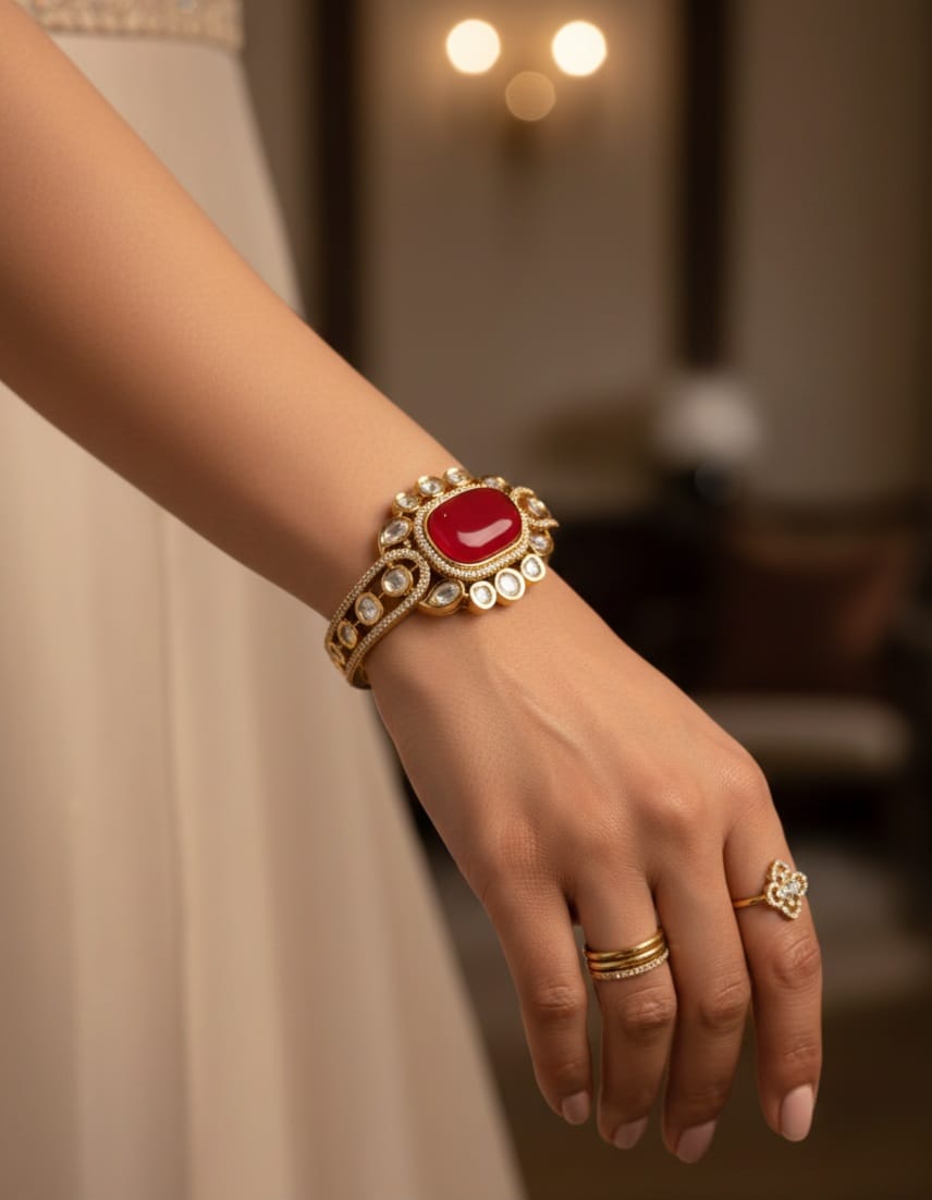 Itrani Regal Ruby Brass Bracelet – Anti-Tarnish Kundan Style Jewelry