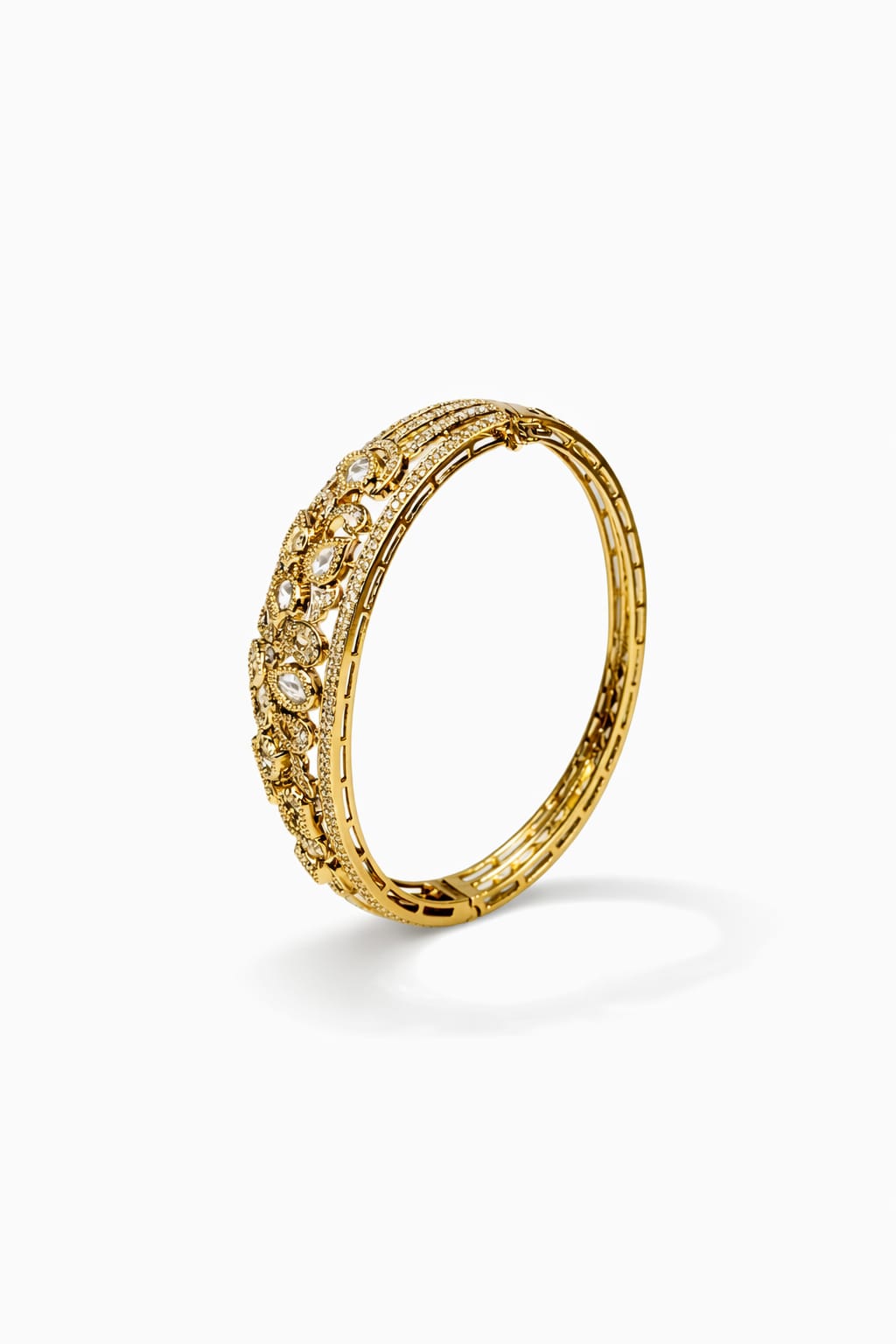 Itrani Royal Bloom Anti-Tarnish Gold Finish Kada Type  Bracelet with Clear Polki Stones