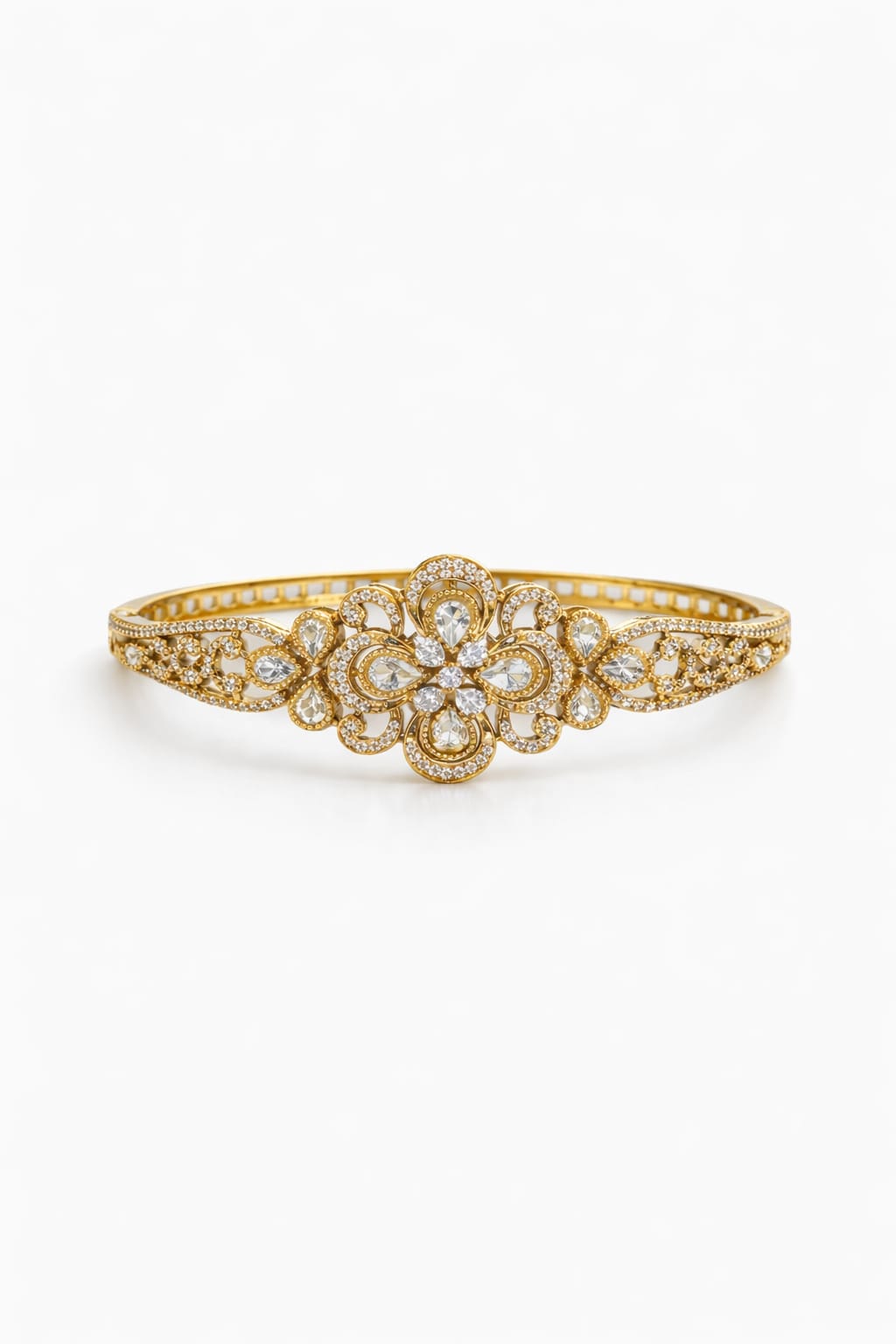 Itrani Floral Elegance Anti-Tarnish Brass Bracelet with Clear Polki Stones