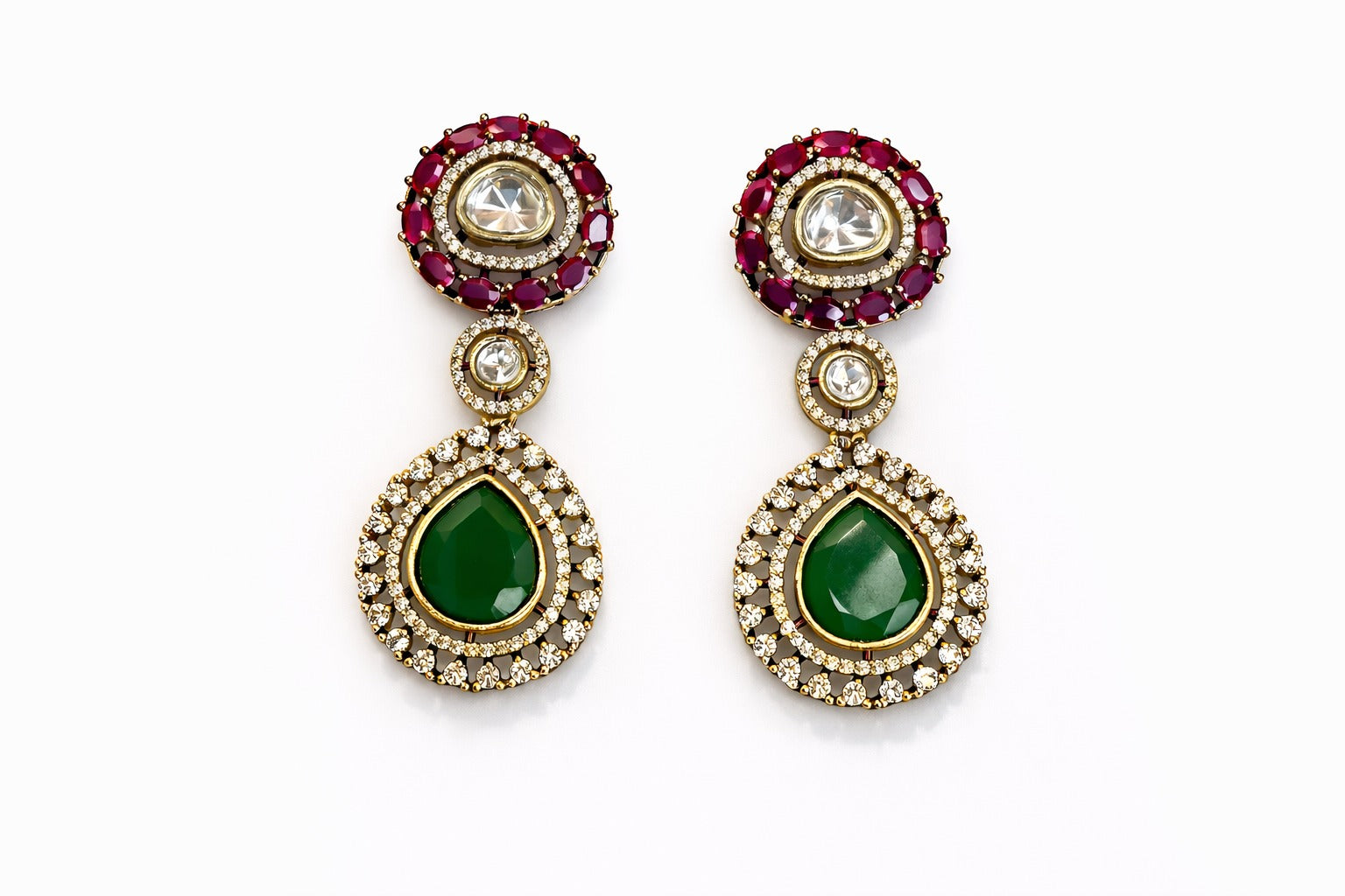 Itrani Uncut Ruby Diamond and Emerald Drop Earrings – Antique Gold Bridal Statement Jewellery