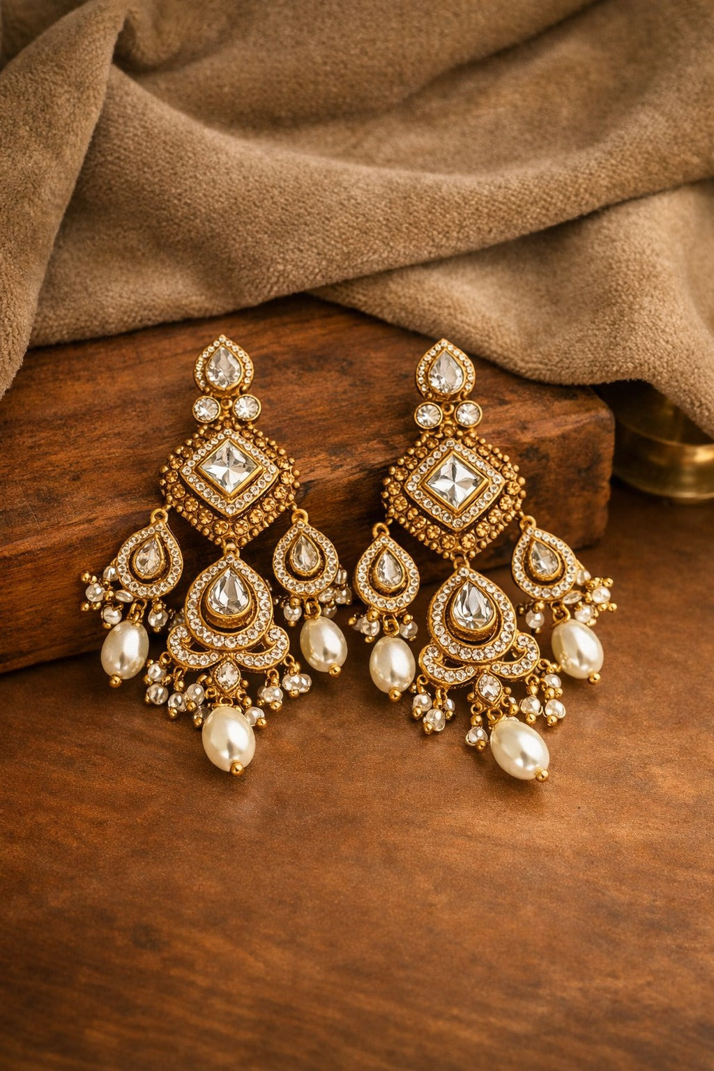 Itrani Champagne Pearl  Drop Dangling Earrings – Antique Gold Bridal Statement Jewellery