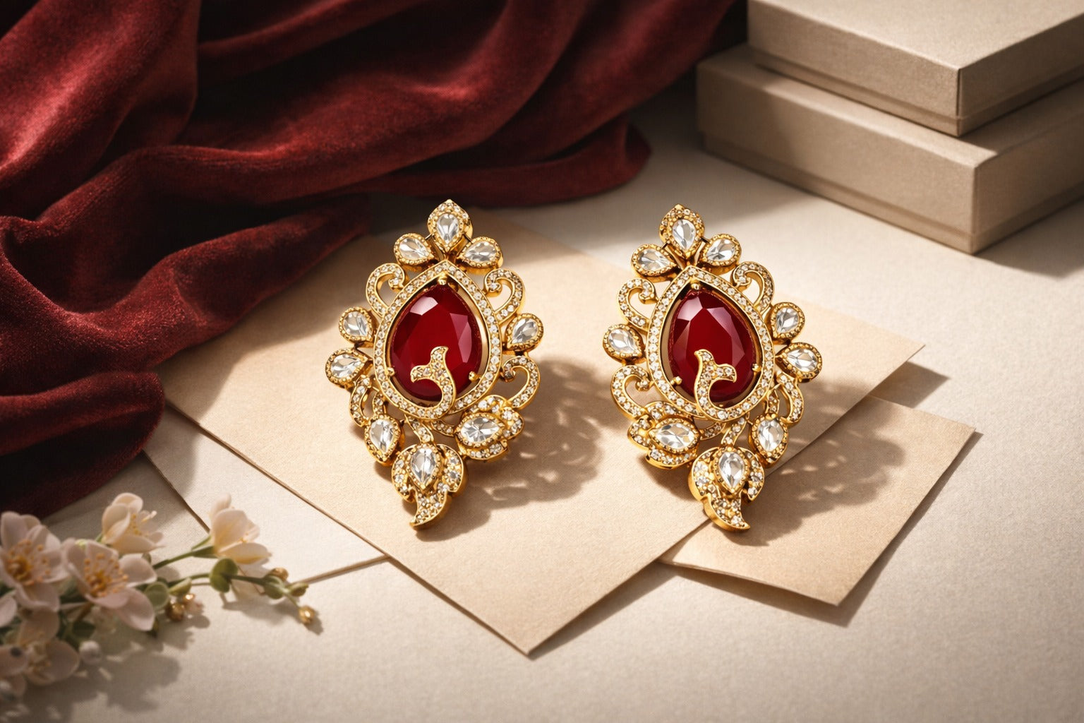 Itrani Royal Emerald, Ruby Centre Uncut Diamond Statement Earrings