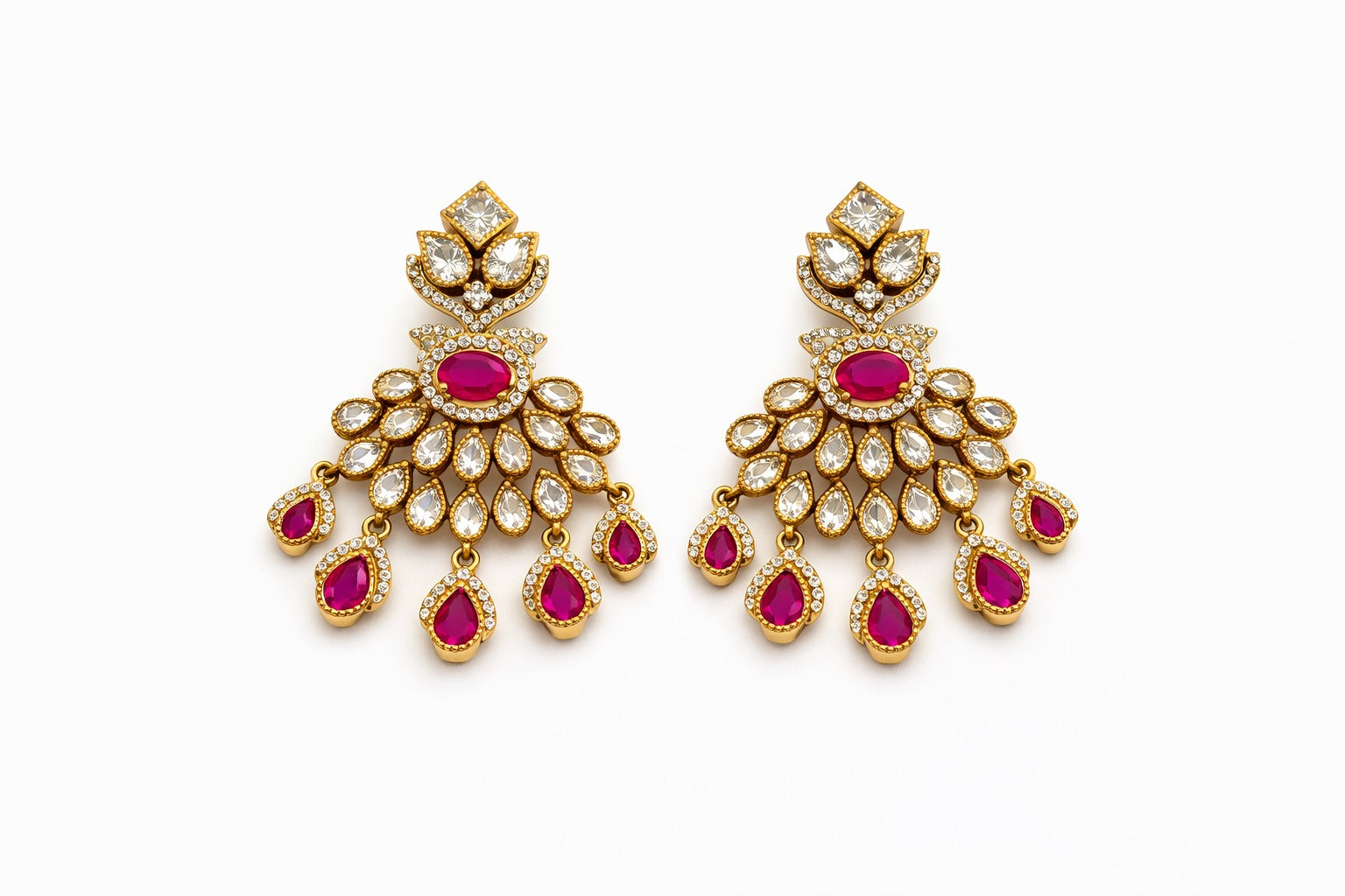 Itrani  Ruby And moissanite  stone  Chand Drop Earrings – Antique Gold Bridal Statement Jewellery