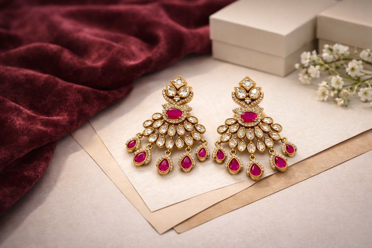 Itrani  Ruby And moissanite  stone  Chand Drop Earrings – Antique Gold Bridal Statement Jewellery