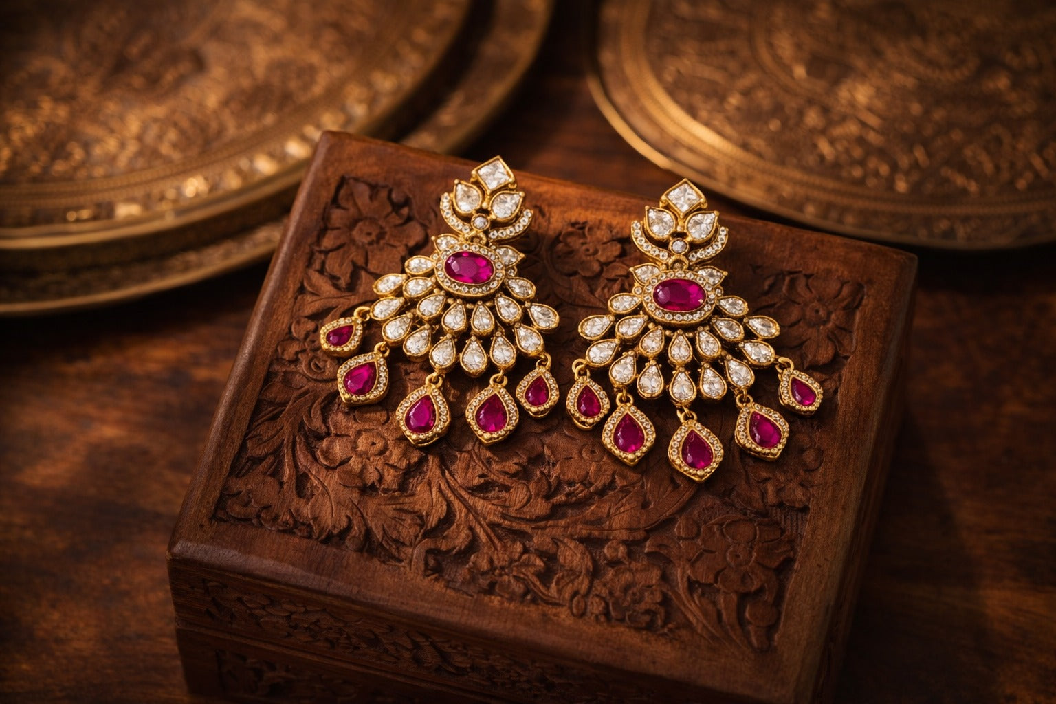 Itrani  Ruby And moissanite  stone  Chand Drop Earrings – Antique Gold Bridal Statement Jewellery