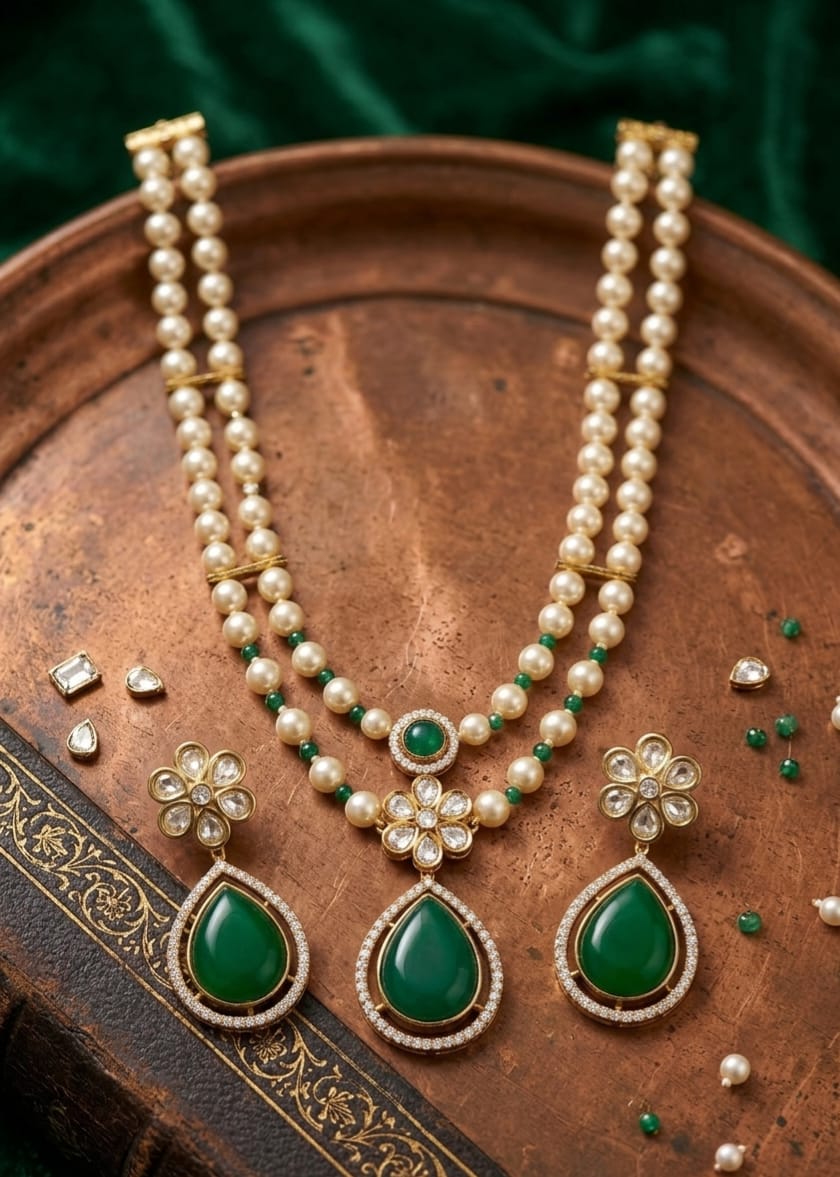 Itrani Emerald Drop, Floral Style Pearl Mala Pendant Set – Anti Tarnish Brass Ethnic Jewellery