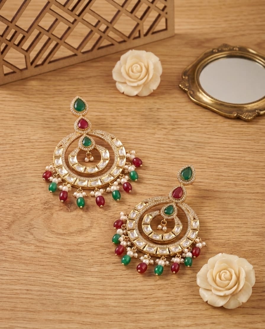 Itrani Royal Navratna Chandbali Double layer Earrings with Multi Colour Pearl Drops – Antique Gold Finish | Anti-Tarnish Brass Jewellery