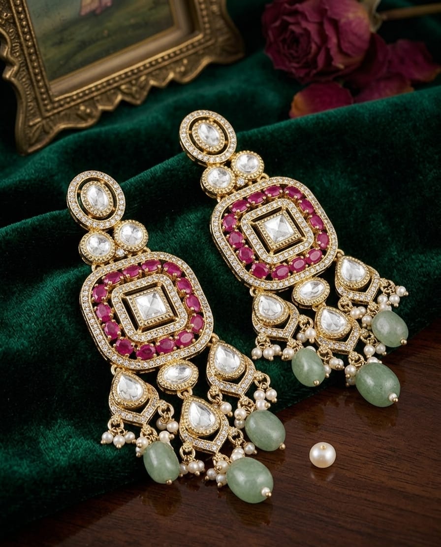 Itrani  Regal Ruby and Green Aventurine Pearl Drop Statement Earrings