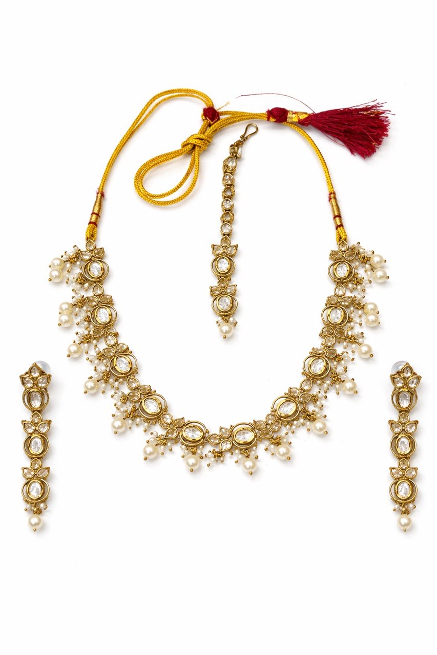 Royal Polki Pearl Drop Necklace Set Clearance