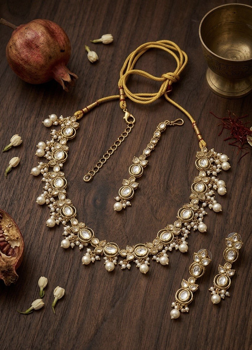 Royal Polki Pearl Drop Necklace Set Clearance