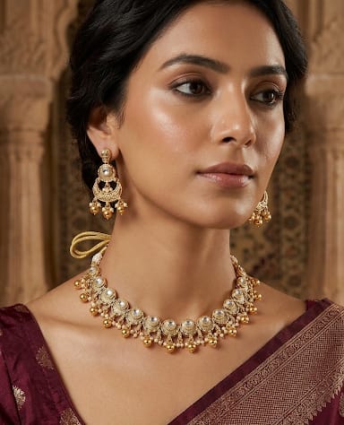 Itrani Heritage Gold Plated Centre Kundan Style Necklace Set – Anti Tarnish Brass Traditional Statement Jewellery