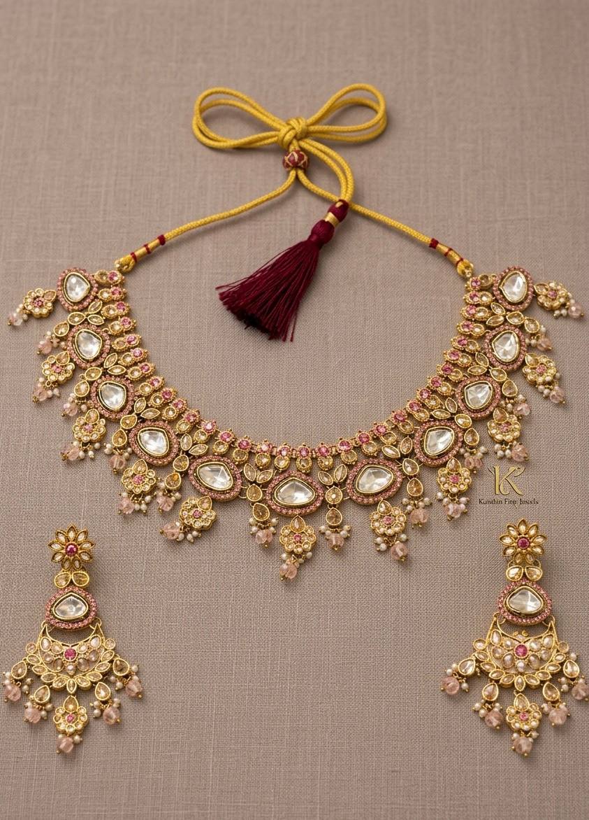 Royal Gold Finish Polki Kundan Necklace Set with Chand Earrings Clearance