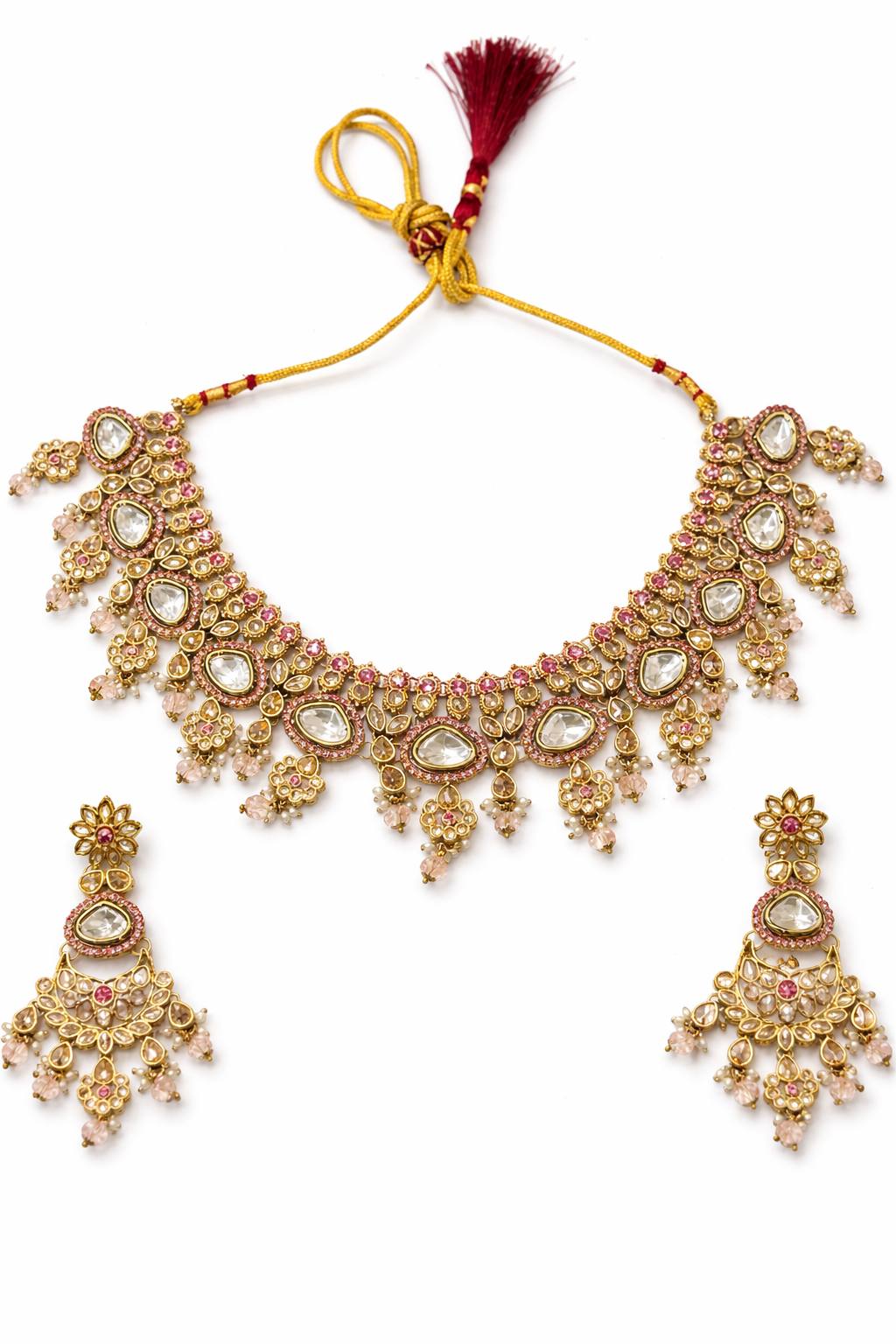 Royal Gold Finish Polki Kundan Necklace Set with Chand Earrings Clearance