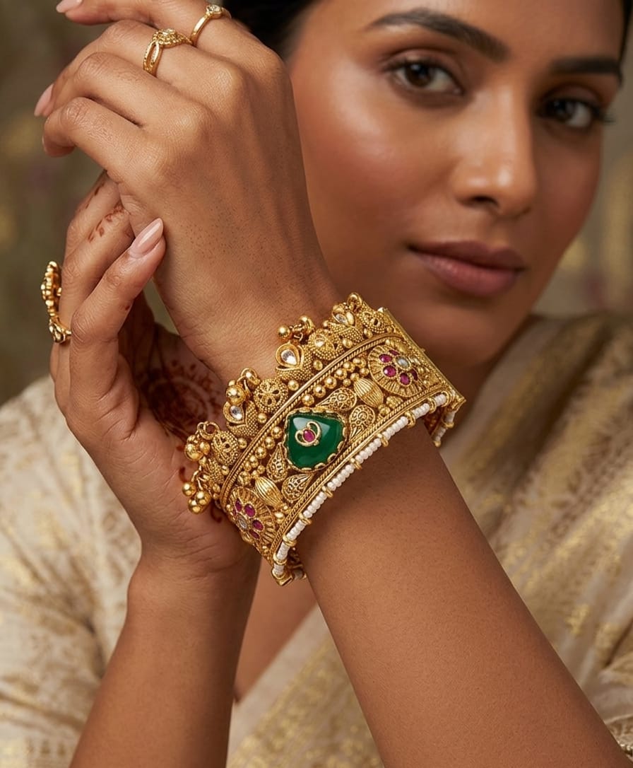 Itrani Rajwada Heritage Emerald, Gold  Kada Bangles Set