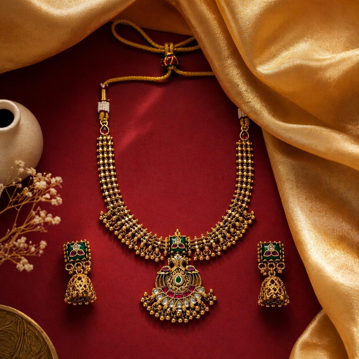 Itrani Heritage Peacock Temple Rajwadi Necklace Set