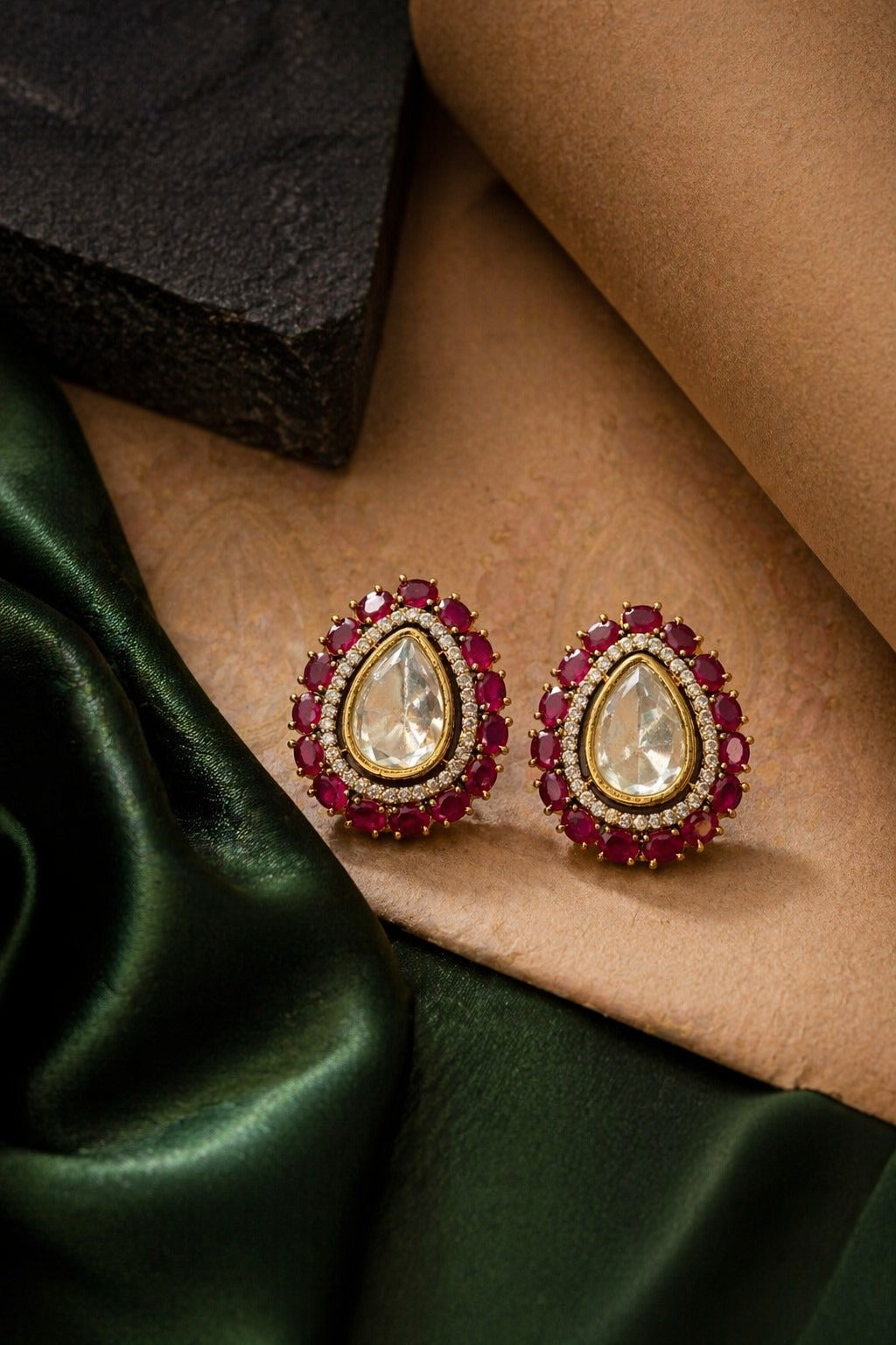 Itrani Indo Western Teardrop Stud Earrings Victorian Style