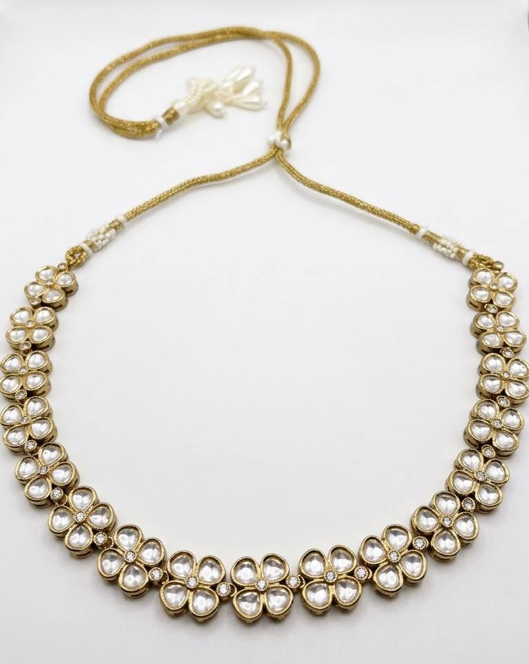 Itrani  Floral Charm Clear Polki Stone Necklace Set