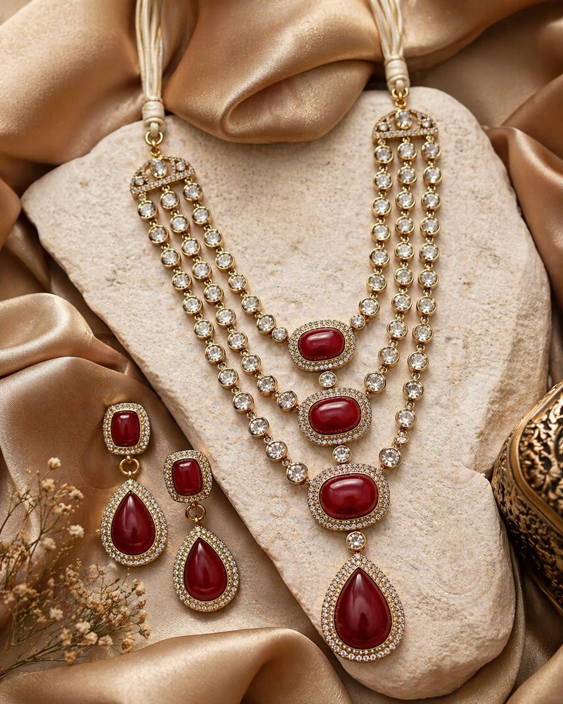 Itrani Maharani Emerald, Ruby Grace Three Layered Long Necklace Set with Beautiful Centre Stones