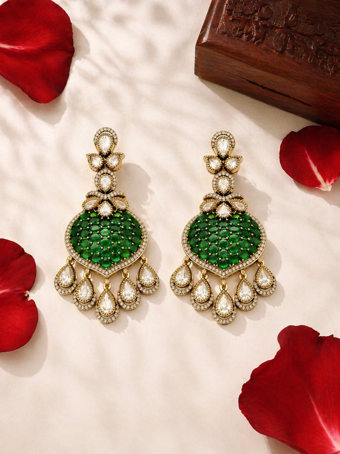 Itrani Emerald, Champaign Golden Heart Party Wear Dangling Earrings