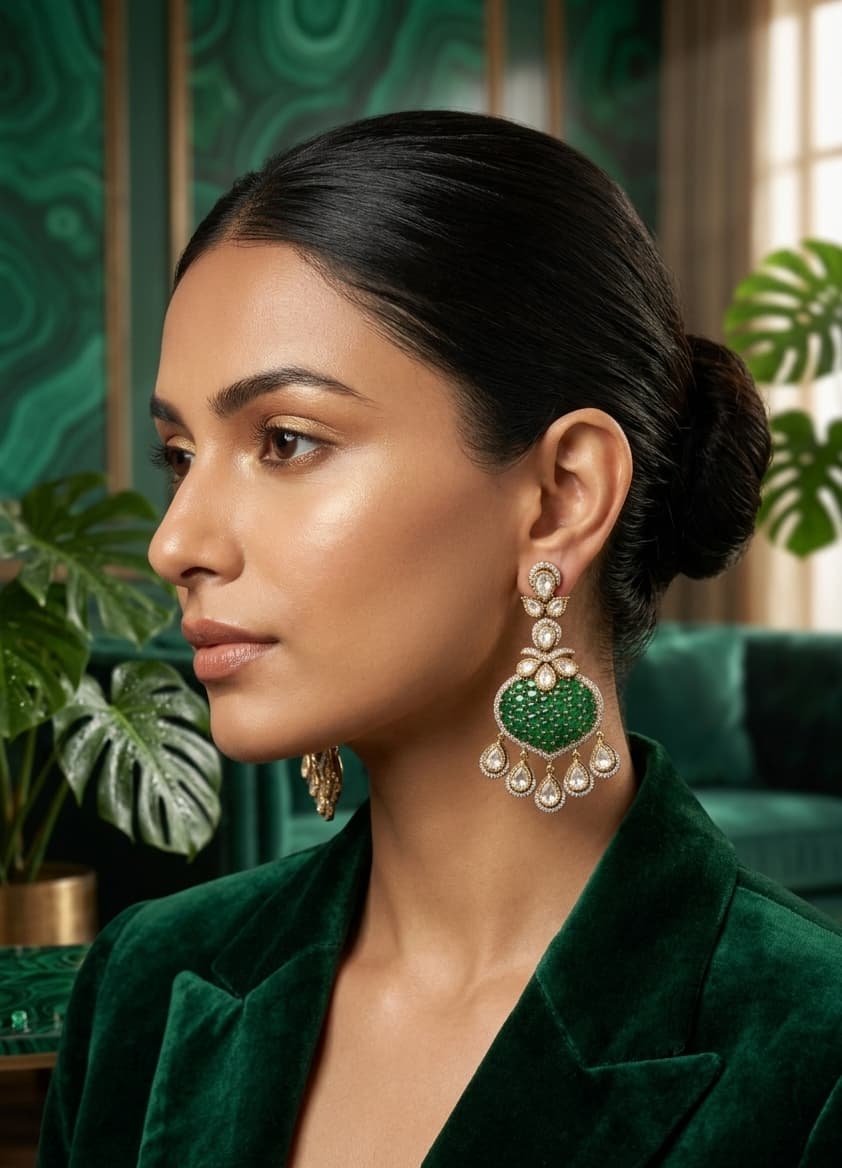 Itrani Emerald, Champaign Golden Heart Party Wear Dangling Earrings