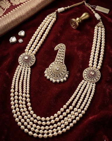 Itrani Royal Pearl and Polki Stone Groom Mala (Sherwani Mala) with Kalgi ( Turban Brooch )